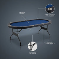 10 Player Foldable Poker Table, Blackjack Texas Holdem Poker Table with Padded Rails and Stainless Steel Cup Holders, Portable Folding Card Board Game Table, 84' Oval Casino Leisure Table — infographic