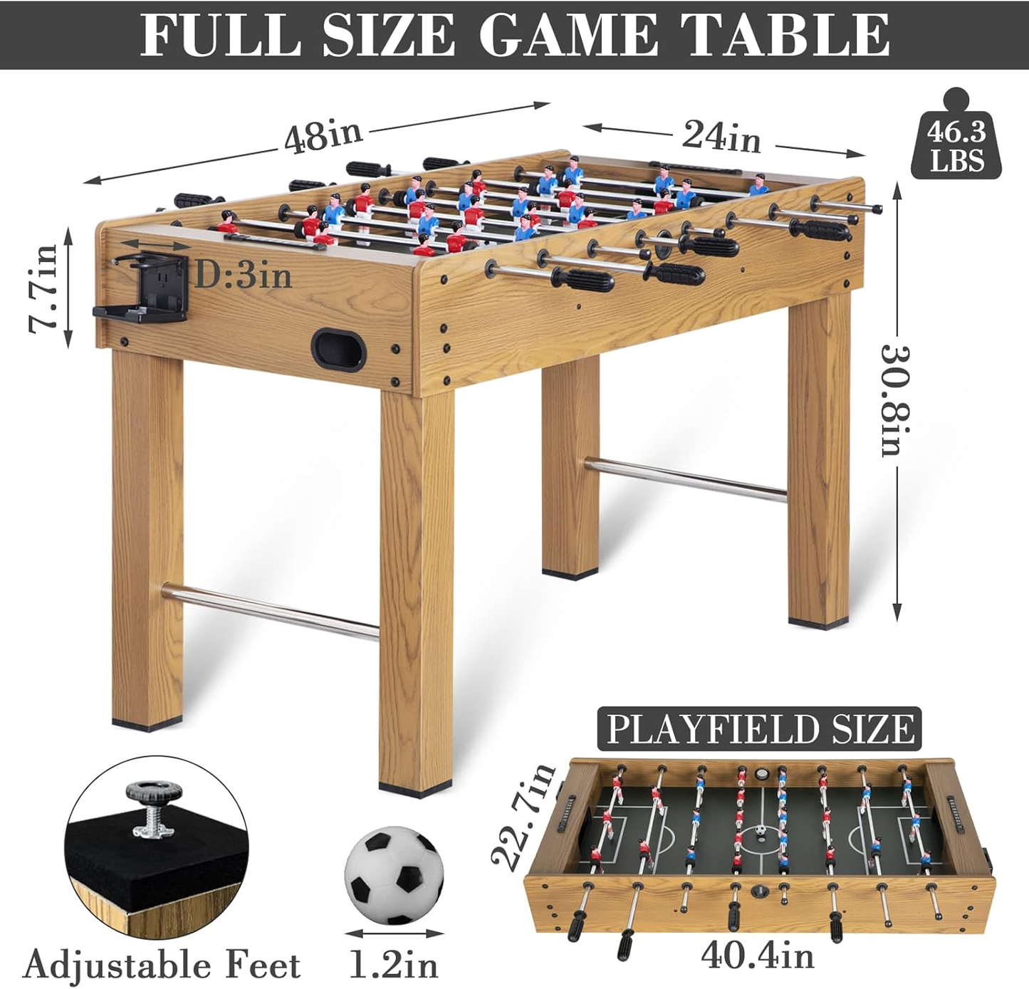 48In Foosball Table, Competition Sized Soccer Table W/ 2 Balls, 2 Cup Holders 2X4Ft for Kids, Adults, Suit for 4 Players, Football Table for Home, Game Room, Arcade