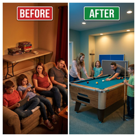 7 Ft Pool Table Combo,3 in 1 Pool, Dining, & Table Tennis with Full Accessories,Hdf Wood Grain Finish & Chrome Accents — Before & After