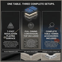 7 Ft Pool Table Combo,3 in 1 Pool, Dining, & Table Tennis with Full Accessories,Hdf Wood Grain Finish & Chrome Accents — Results & Stats