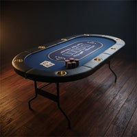 8 Player Foldable Poker Table, Blackjack Texas Holdem Poker Table with Padded Rails and Stainless Steel Cup Holders, Portable Folding Card Board Game Table, 72' Oval Casino Leisure Table, Blue — Studio Shot