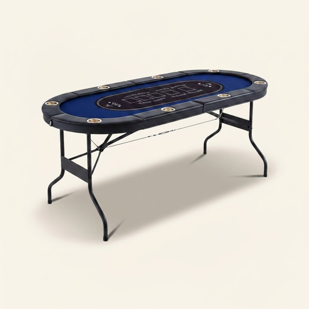 8 Player Foldable Poker Table, Blackjack Texas Holdem Poker Table with Padded Rails and Stainless Steel Cup Holders, Portable Folding Card Board Game Table, 72' Oval Casino Leisure Table, Blue — Studio Shot