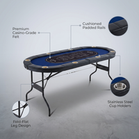 8 Player Foldable Poker Table, Blackjack Texas Holdem Poker Table with Padded Rails and Stainless Steel Cup Holders, Portable Folding Card Board Game Table, 72' Oval Casino Leisure Table, Blue — infographic